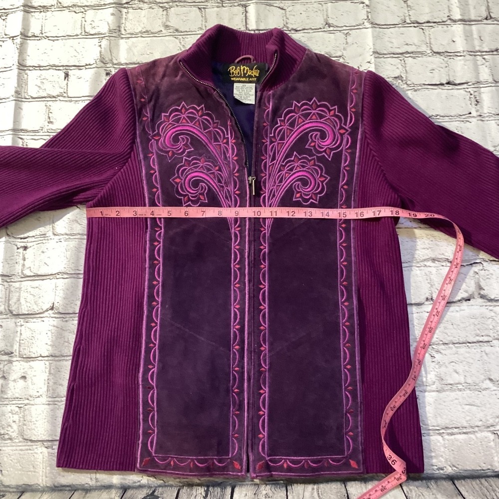 Bob Mackie Wearable Art Purple Suede Jacket Pink Floral Embroidery XS RibbedKnit - Picture 3 of 5